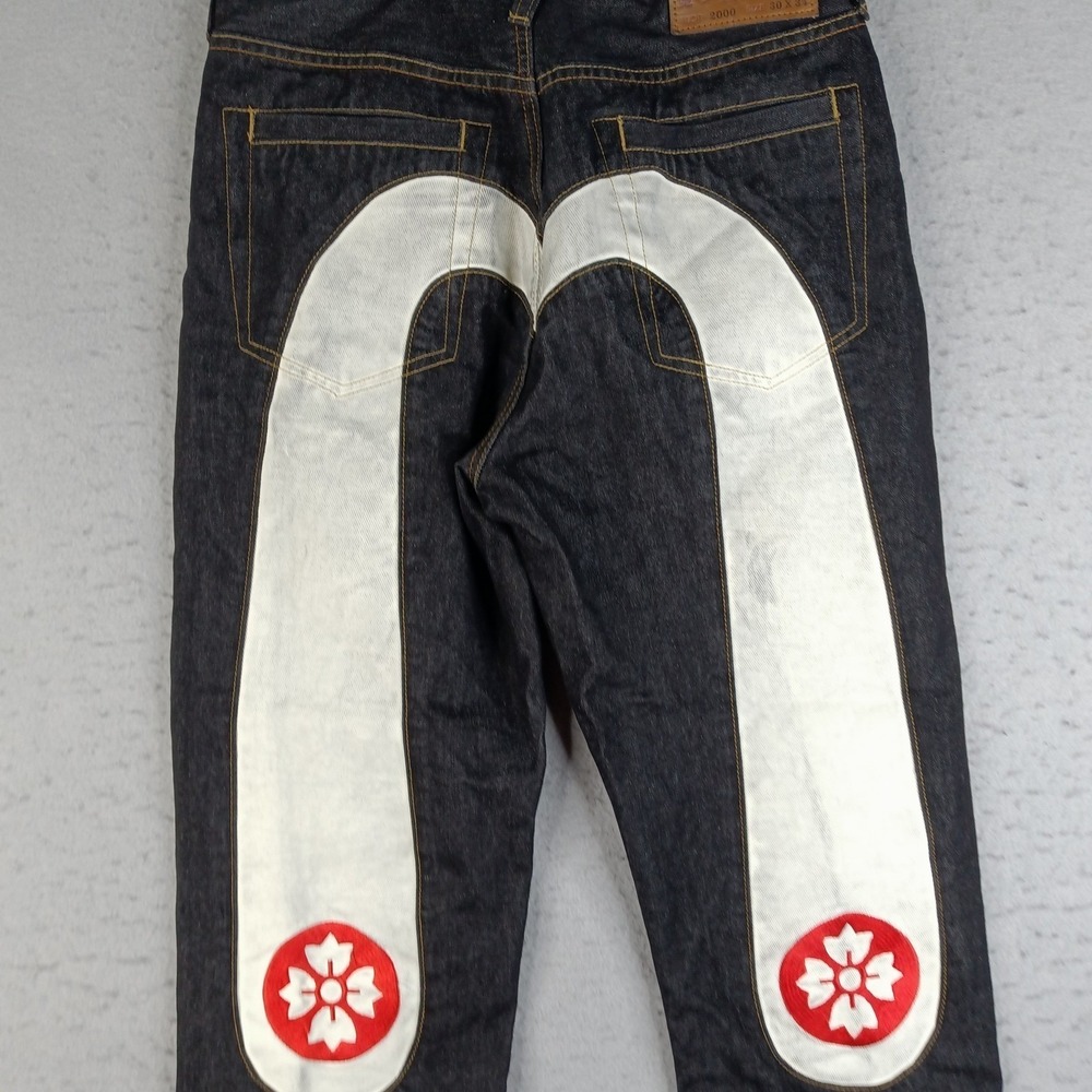 Evisu 2000 Jeans Mens 28x27 Blue Dark Wash Selvage Denim Back Graphic Tag 30x34